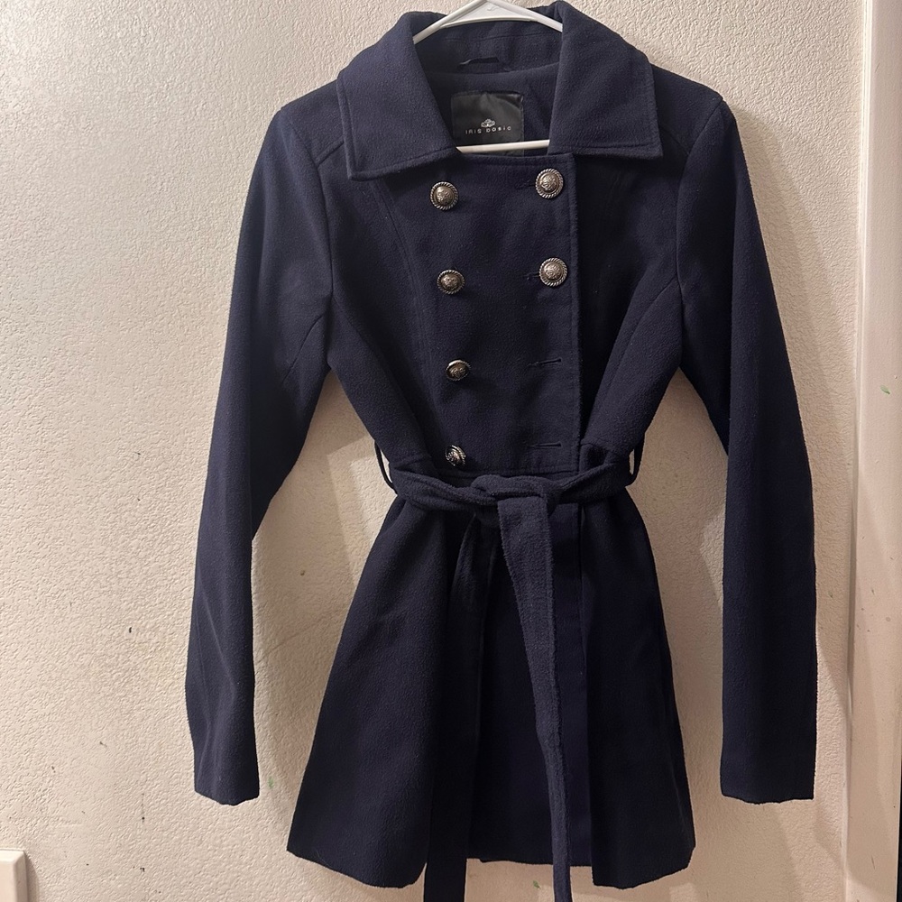 Iris Women’s Y2K VTG Navy Blue Belted Pea Coat Front Silver Buttons Size Medium